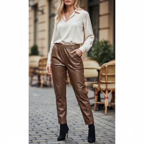 Vintage 90s Charles Klein Leather Pants S Chocolate Brown High Rise Retro Moto - Picture 1 of 14
